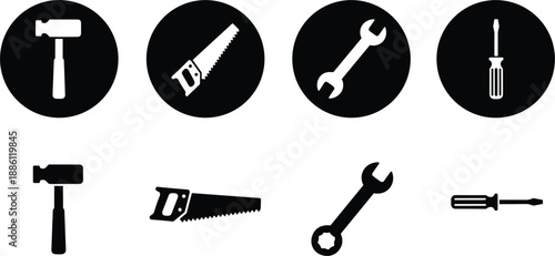 Set of construction tool icons including hammer saw wrench and screwdriver symbols for repair and hardware project concepts.