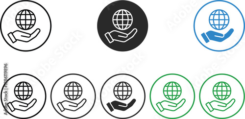 Set of icons featuring a human hand holding a globe or earth sphere in various color styles and circular frames.