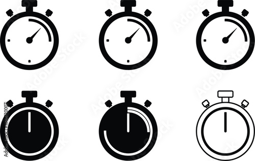 Set of stopwatch and timer icons in solid black and outline styles for time management and sports concepts.