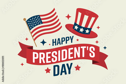 Vector illustration for Happy President’s Day featuring USA flag, patriotic ribbon banner and Uncle Sam hat. Flat vintage style holiday design for posters, social media, greeting cards and promotions