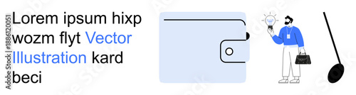 Fintech, innovation, banking, digital identity, personal finance, creative solutions. Person holding lightbulb, wallet icon and minimal shapes. Fintech and innovation concept