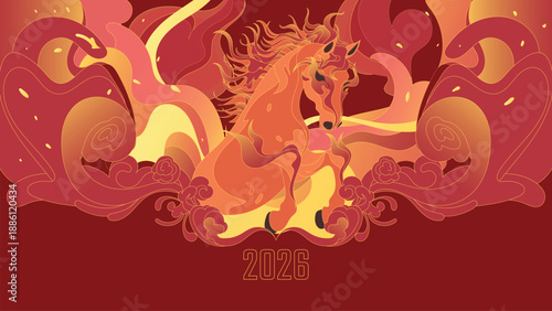 Happy Chinese New Year 2026 background featuring a majestic fire horse zodiac with traditional oriental clouds and fire elements, flat vector illustration for lunar celebration