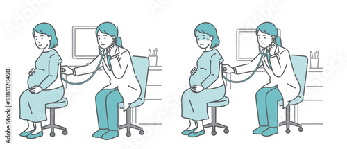 白衣を着た女性医師による妊婦の背中の聴診イラストセット（正常・異常/体調不良）