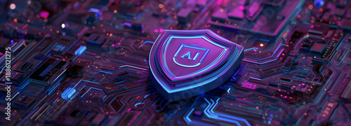 A futuristic purple and blue shield with AI on it sits glowing, symbolizing artificial intelligence protection, cybersecurity, data safety, and trust.