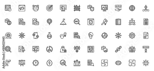 Business Strategy icon set. Vector illustration pack featuring solutions, marketing, objectives, audit, planning, innovation, analysis, teamwork and more. Editable thin line icons.