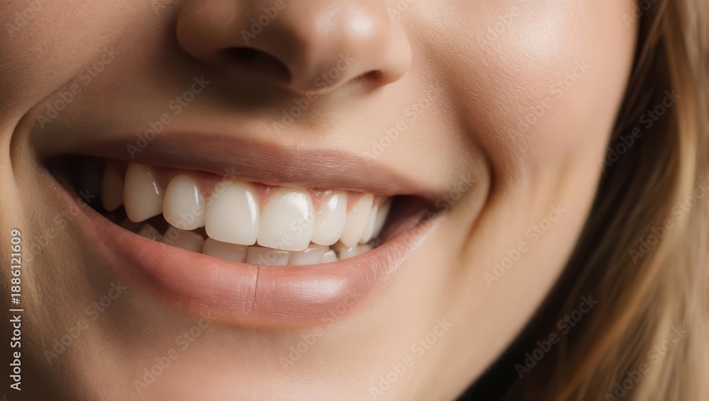 Fototapeta premium Close up of a womans bright white smile with perfect teeth.