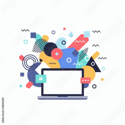 Digital World: An artistic fusion of abstract shapes and a laptop, symbolizing the modern digital realm, creativity, and the boundless potential of technology.