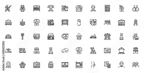 Family icon set. Vector illustration of family life symbols including baby stroller, parents, heart, home, pets and more. Minimalist linear icons.