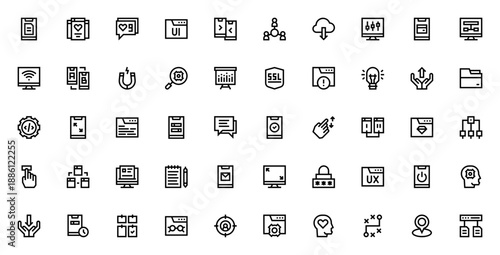 User Experience icon set. Minimal vector icons pack for UX/UI design. Includes symbols for webpages, data transfer, settings, user profiling, testing, and more. Editable stroke.