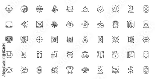 Virtual and Augmented Reality icon set. Vector symbols for VR, AR glasses, gamepad, controller, smartphone, 3D, virtual tour, motion sensor and more.