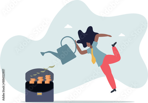 Business woman with watering can near her business briefcase concept of income growth.