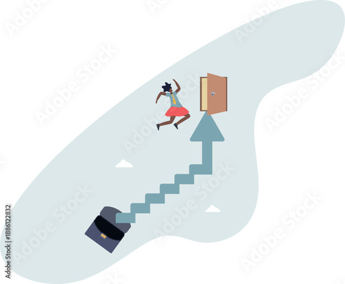 The door as a symbol of goal achievement. A businesswoman strives to climb up the stairs.