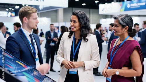 Three professionals, two women and one man, in business attire, engaged in a discussion at a trade show