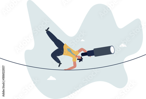 A businessman balances on a thin rope and looks to the future.