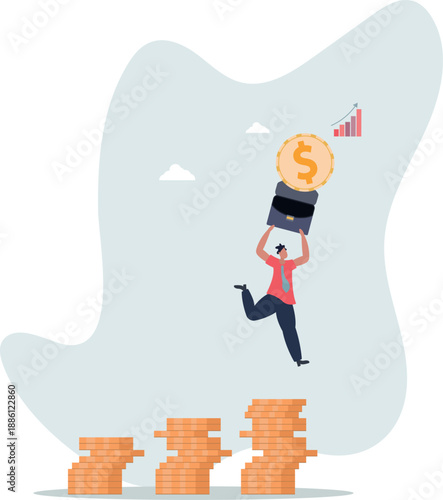 Profit growth. A businessman jumps on stacks of coins.