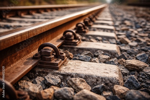Railes, vías de tren, vistas a nivel de suelo, con algo de óxido