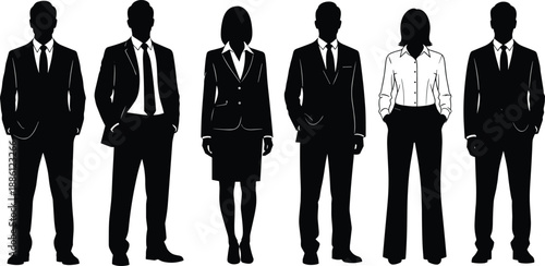 Business people silhouettes, men and women in suits, corporate team standing, professional fashion, office workers, isolated on white background illustration