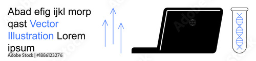 Biotechnology, genetic research, data transfer, innovation, bioinformatics, and technology. DNA strand vial, laptop and upward arrows. Biotechnology and genetic research innovation