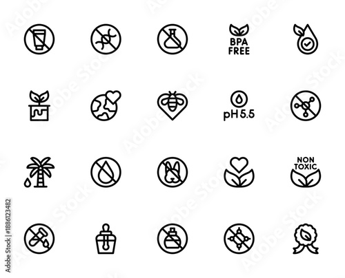 Organic cosmetics icon set. Minimal vector icons pack. Includes symbols for silicone free, eco friendly, organic, cruelty free, non toxic, BPA free and more. Editable stroke.