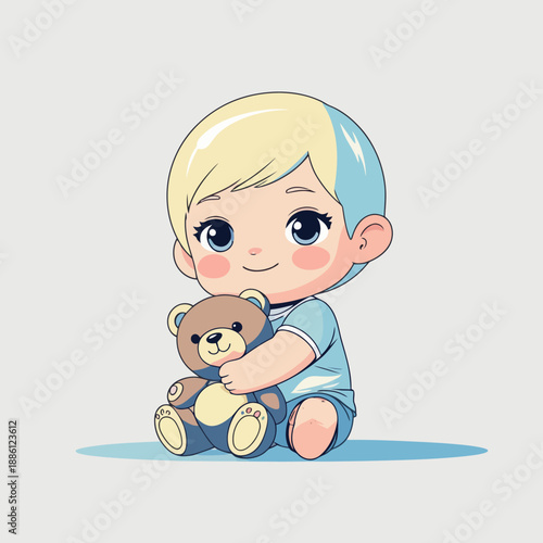 Adorable cartoon child holding a teddy bear and smiling happily.