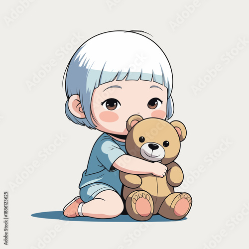 Adorable cartoon child hugging a teddy bear with a sweet expression.