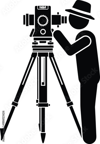 Surveyor using theodolite on tripod, land measurement concept, engineering and construction work, mapping technology, professional surveying illustration in black and white