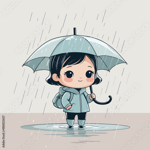 Cute cartoon girl holding umbrella in the rain.