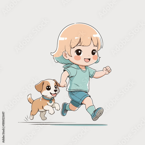 A happy cartoon child running with their dog companion.