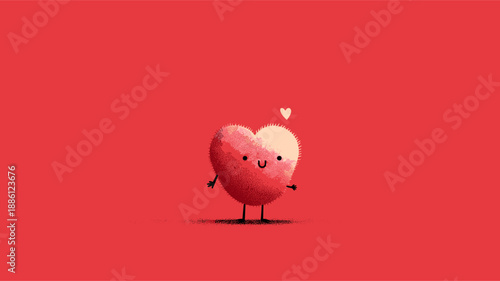 Happy cartoon heart character standing on pink background with small heart above its head. Cute cartoon heart character celebrating Valentine's Day