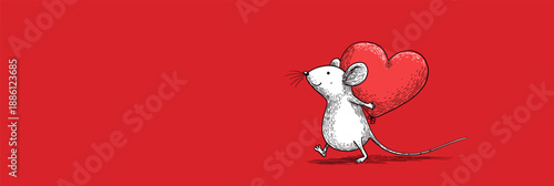 Cartoon gray rat running with a large red heart on a solid red background. Cute gray rat carrying red heart running