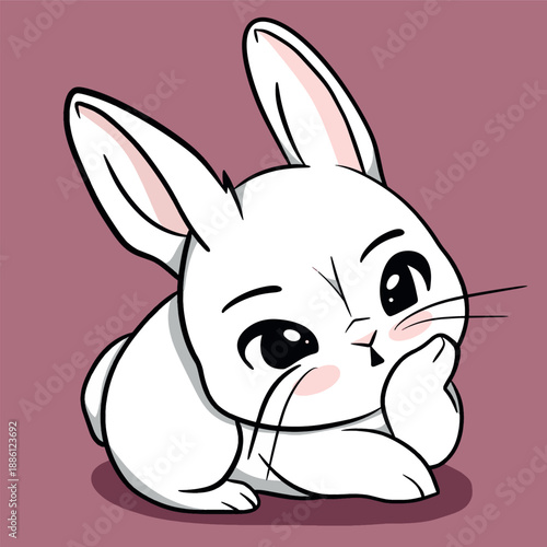 Cute Thinking White Rabbit Character - Kawaii Bunny Mascot Dreaming on Pink Background