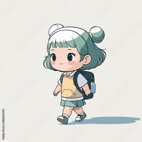 Cartoon girl with backpack walking to school.