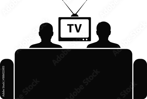 Two people watching television on sofa, home entertainment concept, movie night lifestyle, leisure and relaxation, media viewing illustration in black and white