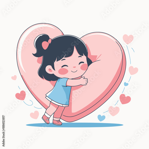 Adorable cartoon girl embracing a large pink heart surrounded by smaller hearts.