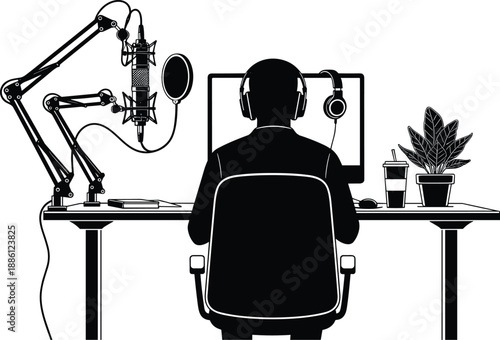 Podcast recording studio silhouette, man with headphones at desk, microphone and pop filter, audio production, broadcasting and digital media illustration in black and white