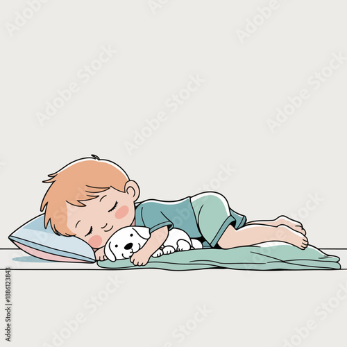 A young boy peacefully sleeping with his pet dog on a pillow.