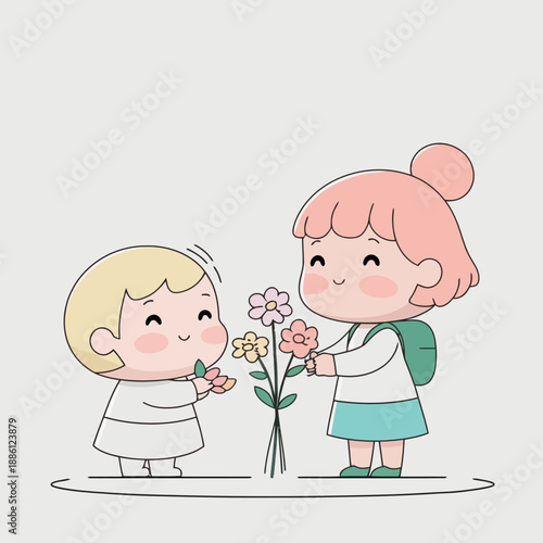 Two smiling cartoon children exchanging flowers with each other.
