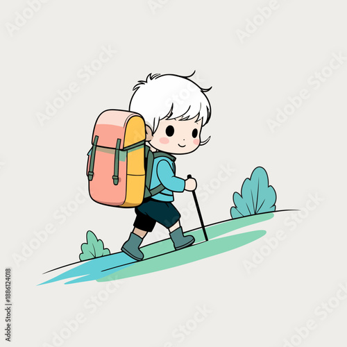 Cartoon boy hiking with backpack and trekking poles on a trail.