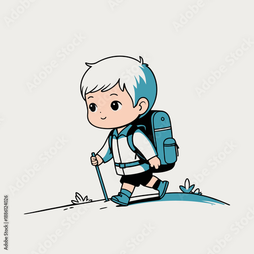 Young boy hiking with backpack and trekking pole.