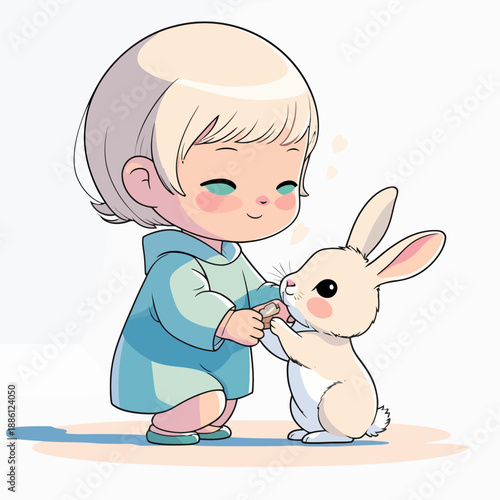 Adorable child playing with a cute cartoon rabbit.