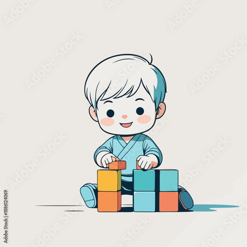 Adorable cartoon child playing with colorful wooden blocks.