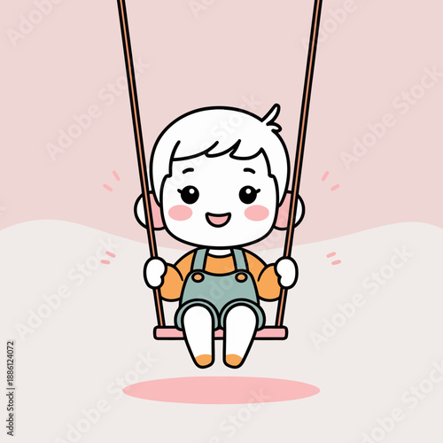 Happy cartoon child swinging on a swing with joyful expression.