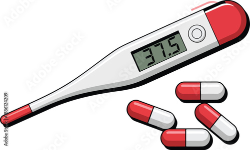 Digital thermometer with pills isolated on a white background