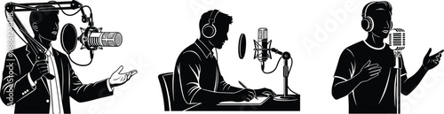 Podcast host recording in studio, radio announcer with microphone, audio production concept, broadcasting and podcasting, media communication vector illustration