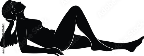 Reclining female silhouette, elegant woman resting pose, beauty and fashion concept, artistic body shape, black and white vector illustration