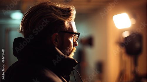 Contemplative Profile in Warm Light: A man with glasses, viewed in profile, gazes thoughtfully as he is lit by a warm, inviting light. A captivating study of introspection and depth.
