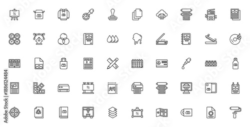 Printing icon set. Vector graphics collection. Includes symbols for printer, CMYK, poster, brochure, calendar, business card, scanner, and more. Editable stroke.