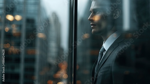 Contemplation and Ambition: A pensive individual in a tailored suit gazes out a large window, contemplating the bustling cityscape outside and the goals ahead.