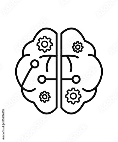 A clean, modern line icon of a human brain integrated with circuit patterns and gear wheels. This design symbolizes machine learning, cognitive computing, and the fusion of human intelligence with aut