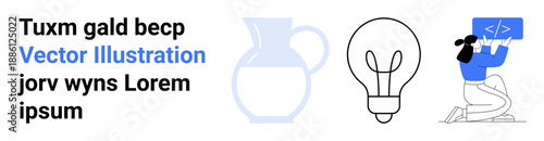 Creativity, programming, innovation, technology, design, brainstorming. A pitcher, lightbulb and person holding a laptop with code. Creativity and programming concept emphasizing innovation